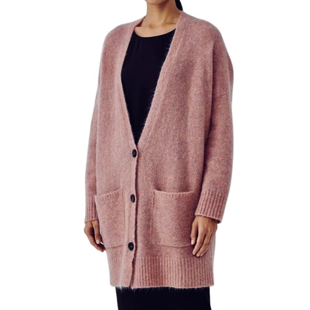 Eileen Fisher Mohair Wool Longline Boyfriend Cardigan Sweater Lagenlook Pink
